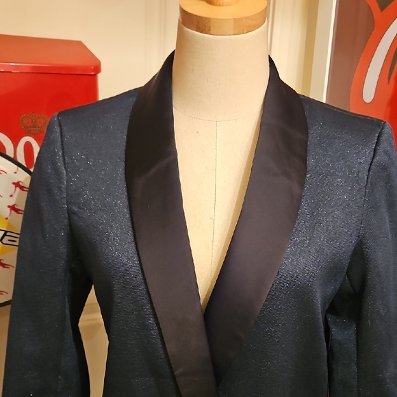 H&M Women's Dark Blue Sparkle Blazer with Black Satin Lapel - Picture 2 of 10